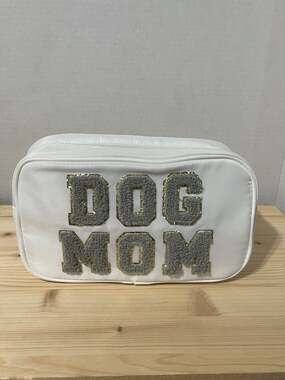 Dog Mom Varsity Patch White Nylon Cosmetic Travel Pouch